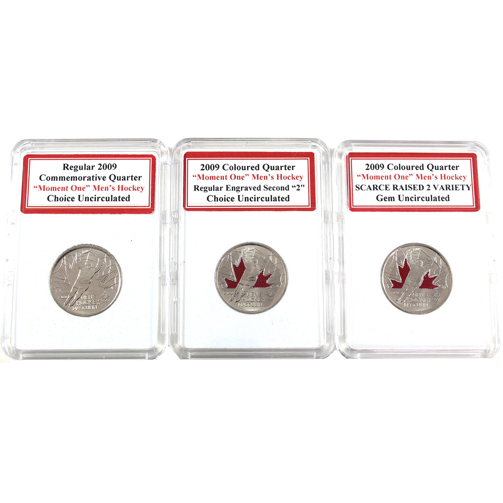 Lot of 3x 2009 Canada 25-cents Olympics Men's Hockey Coins in Holders, 3Pcs (Impaired)