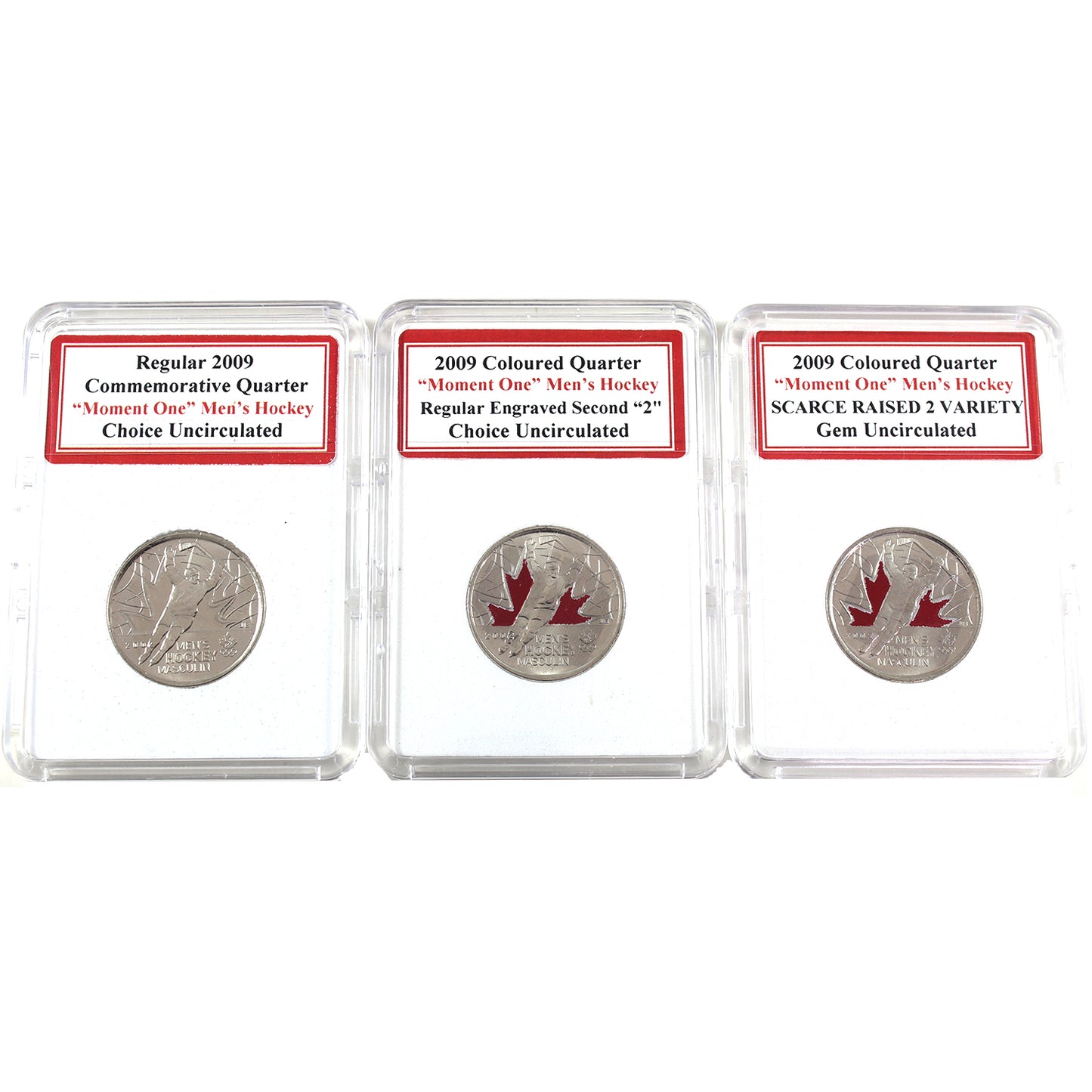 Lot of 3x 2009 Canada 25-cents Olympics Men's Hockey Coins in Holders, 3Pcs (Impaired)