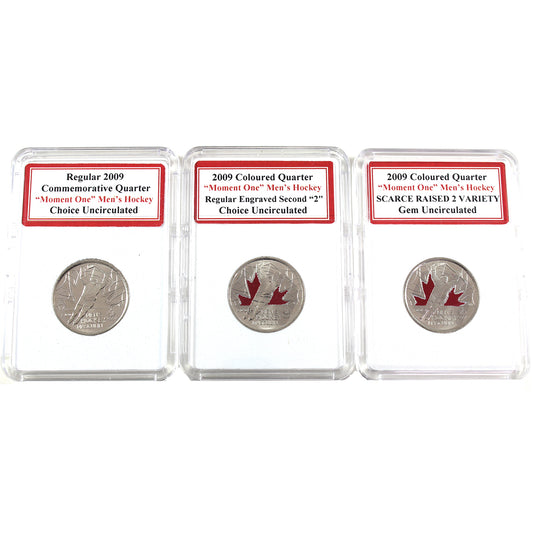 Lot of 3x 2009 Canada 25-cents Olympics Men's Hockey Coins in Holders, 3Pcs (Impaired)