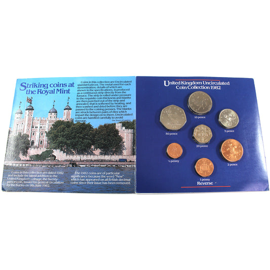 1982 United Kingdom Uncirculated 7-Coin Collection in Folder (Light Wear)