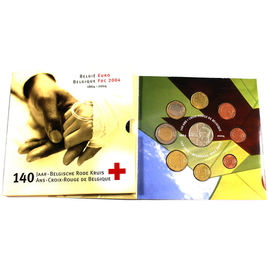 2004 Belgium 140 Years of Red Cross 8-Coin Euro Set with Medal in Folder (Light Wear)