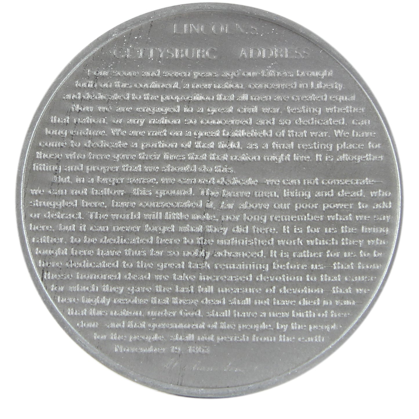 Abraham Lincoln Gettysburg Address Medal in Case (Scratched)