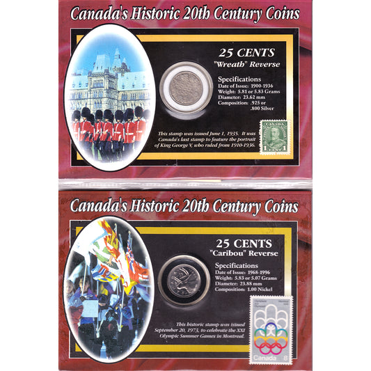 Pair of Canada 25-cents Stamp and Coin Set in Cards, 2Pcs. (Sold As Is)