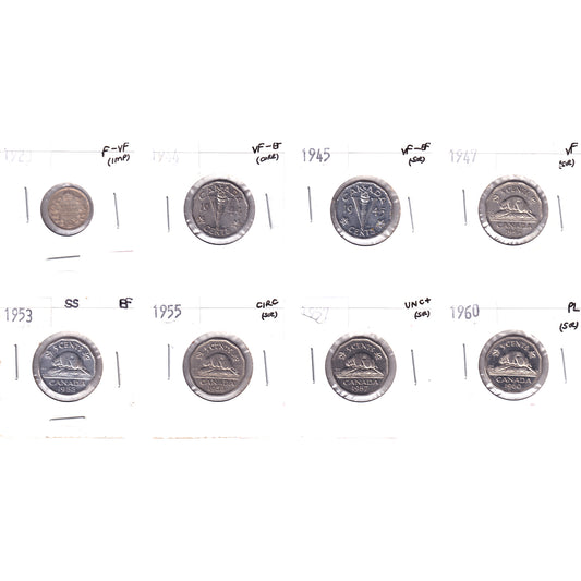 Lot of 8x 1920-1960 Canada 5-cents, Circ to PL, 8Pcs. (Impaired)