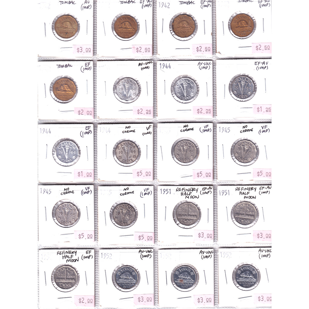 Lot of 20x 1942-1952 Canada 5-cents, VF to AU-UNC, 20Pcs. (Impaired)