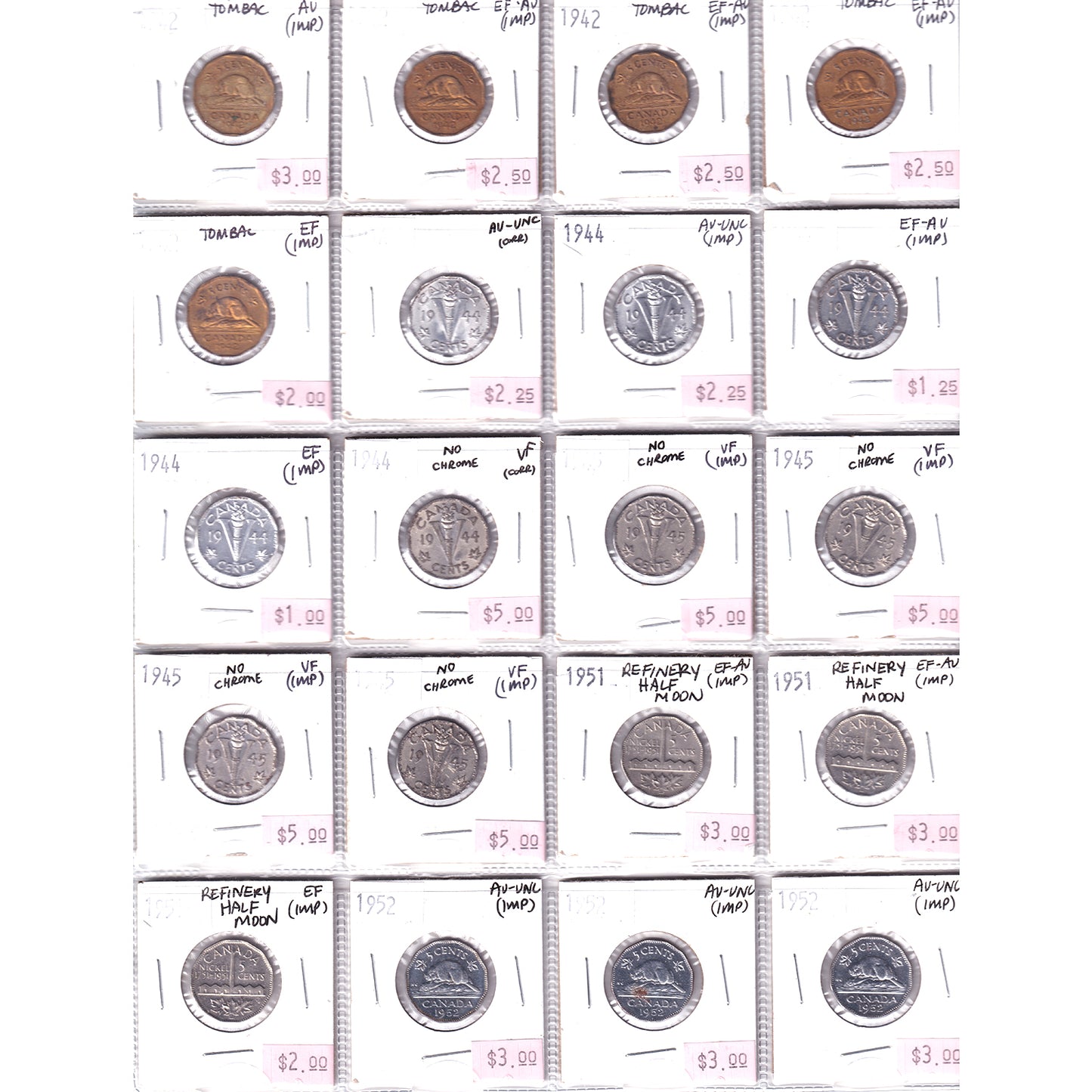 Lot of 20x 1942-1952 Canada 5-cents, VF to AU-UNC, 20Pcs. (Impaired)