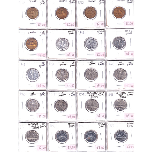 Lot of 20x 1942-1952 Canada 5-cents, VF to AU-UNC, 20Pcs. (Impaired)
