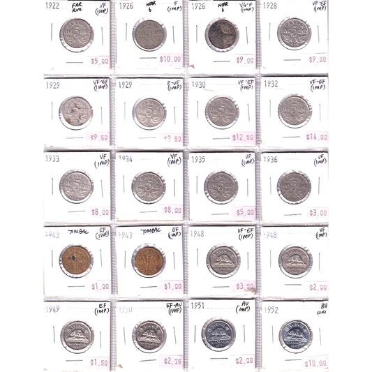 Lot of 20x 1922-1952 Canada 5-cents, VG-F to BU, 20Pcs. (Impaired)