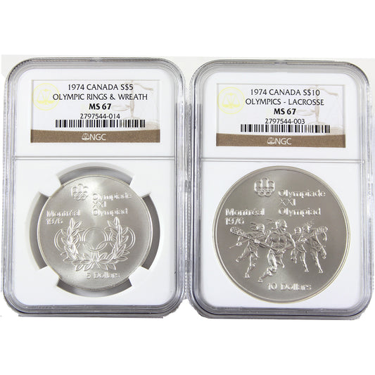 1974 Canada $5 and $10 Montreal Olympics Sterling Silver Coins NGC Cert. MS67, 2pcs