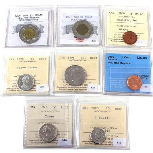 Lot of 8x 1971-2023 Canada Decimal Coins ICCS, CCCS & CMG Cert. MS63 to PL65, 8Pcs.