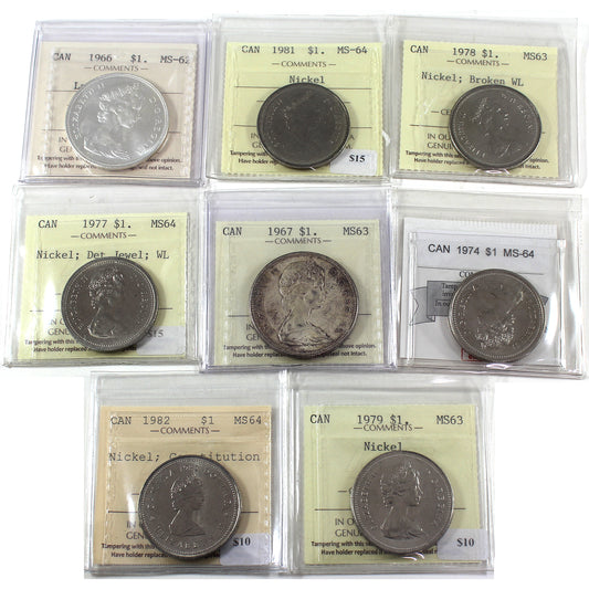 Lot of 8x 1966-1982 Canada Dollar ICCS and CMG Cert. MS62 to MS64, 8Pcs.