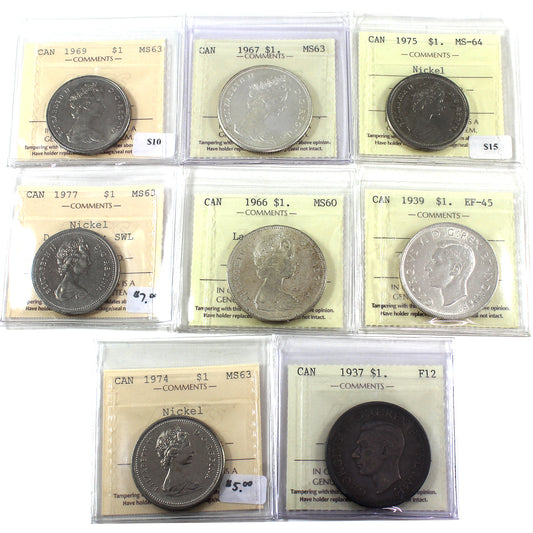 Lot of 8x 1937-1977 Canada Dollar ICCS Cert. F12 to MS64, 8Pcs.