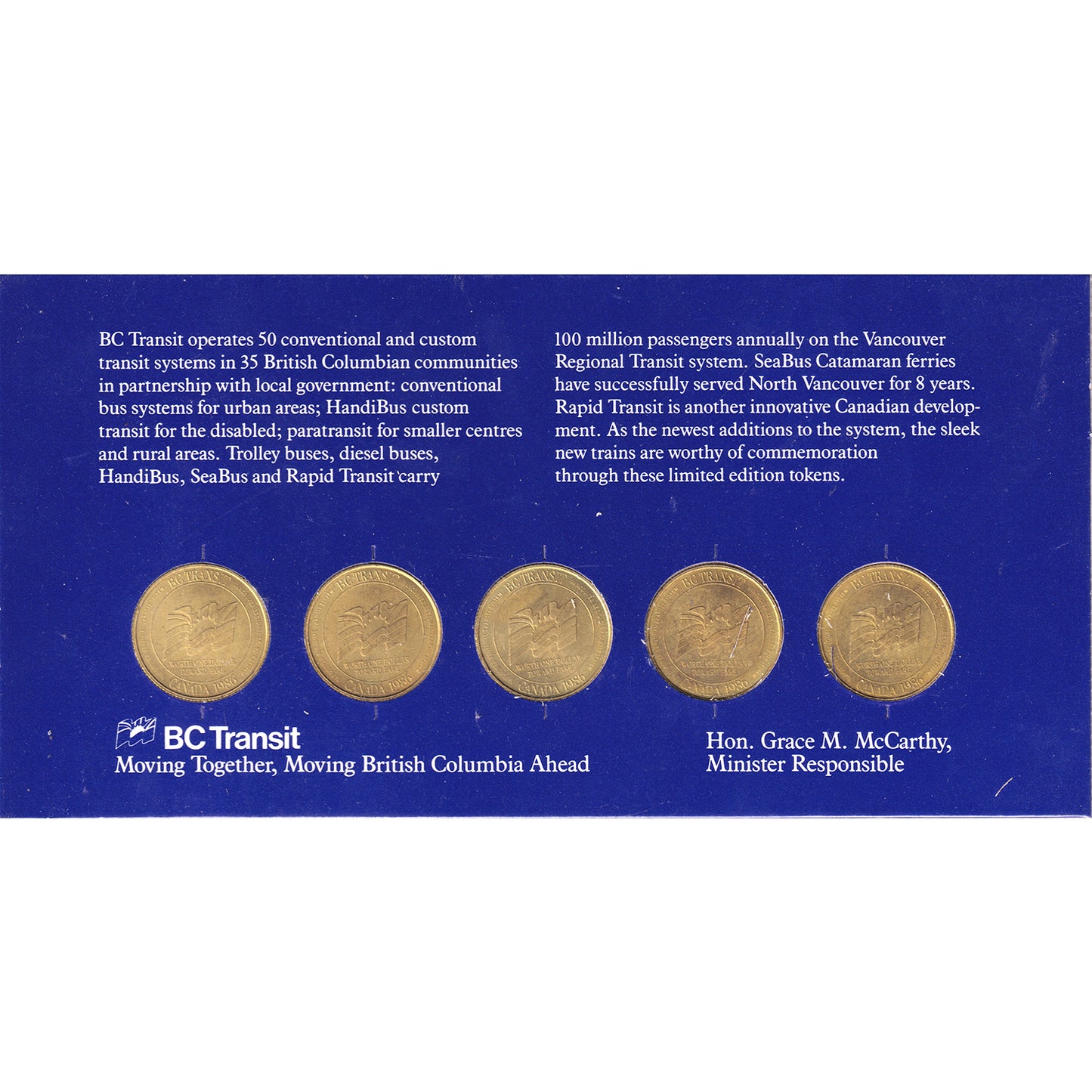1986 British Columbia Transit Commemorative Tokens Collection in Card (Impaired)