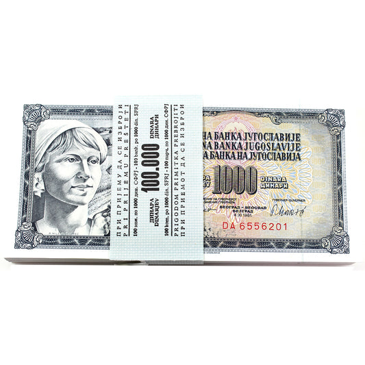 Lot of 100x Yugoslavia 1981 1000 Dinara Banknotes in Bundle, 100Pcs.