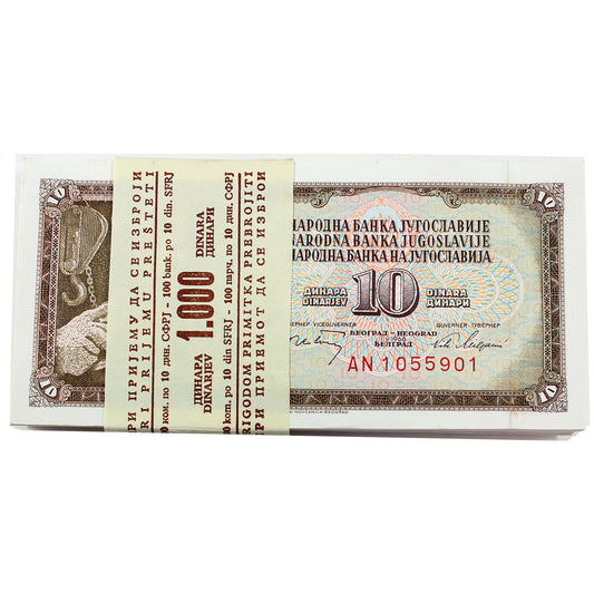 Lot of 100x Yugoslavia 1978 10 Dinara Banknotes, 100Pcs.