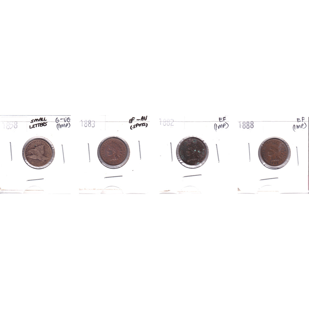 Lot of 4x 1858-1888 USA Cent, G-VG to EF-AU, 4Pcs. (Impaired)