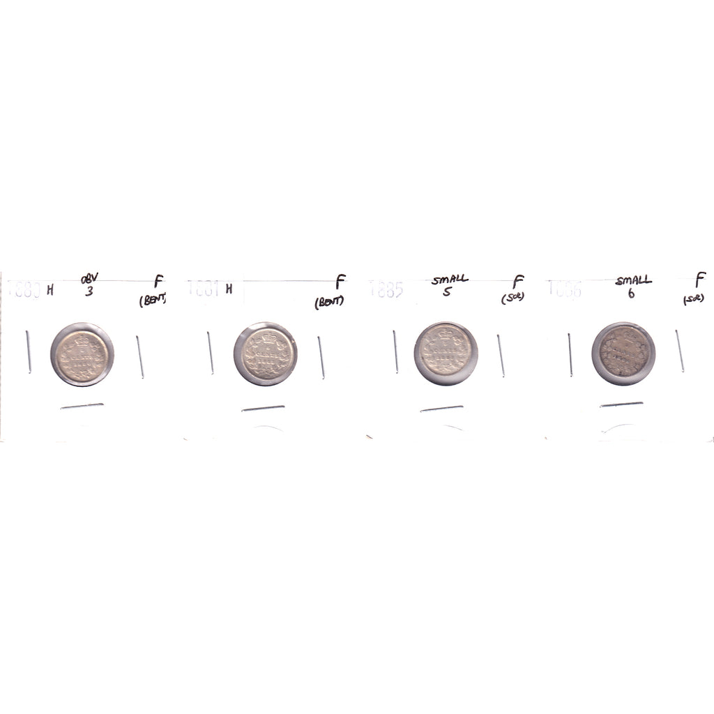 Lot of 4x 1880H-1886 Canada 5-cents, All F, 4Pcs. (Impaired)