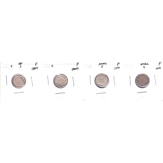 Lot of 4x 1880H-1886 Canada 5-cents, All F, 4Pcs. (Impaired)