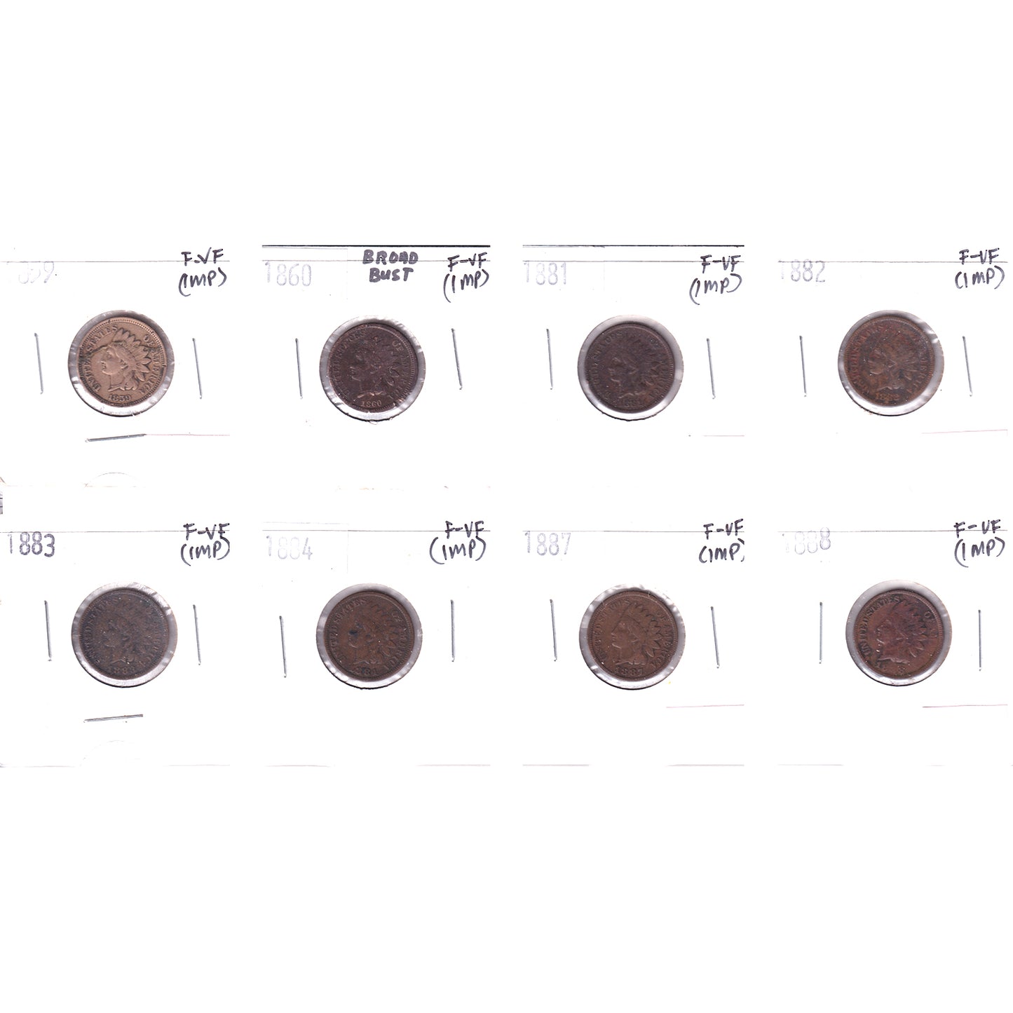 Lot of 8x 1859-1888 USA Cent, All F-VF, 8Pcs. (Impaired)