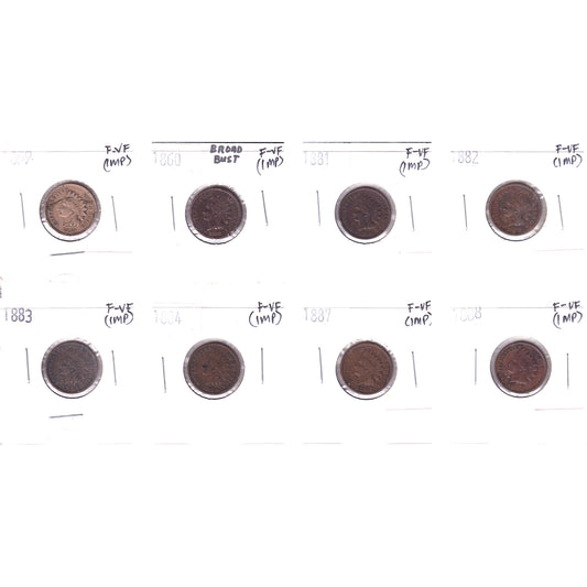 Lot of 8x 1859-1888 USA Cent, All F-VF, 8Pcs. (Impaired)