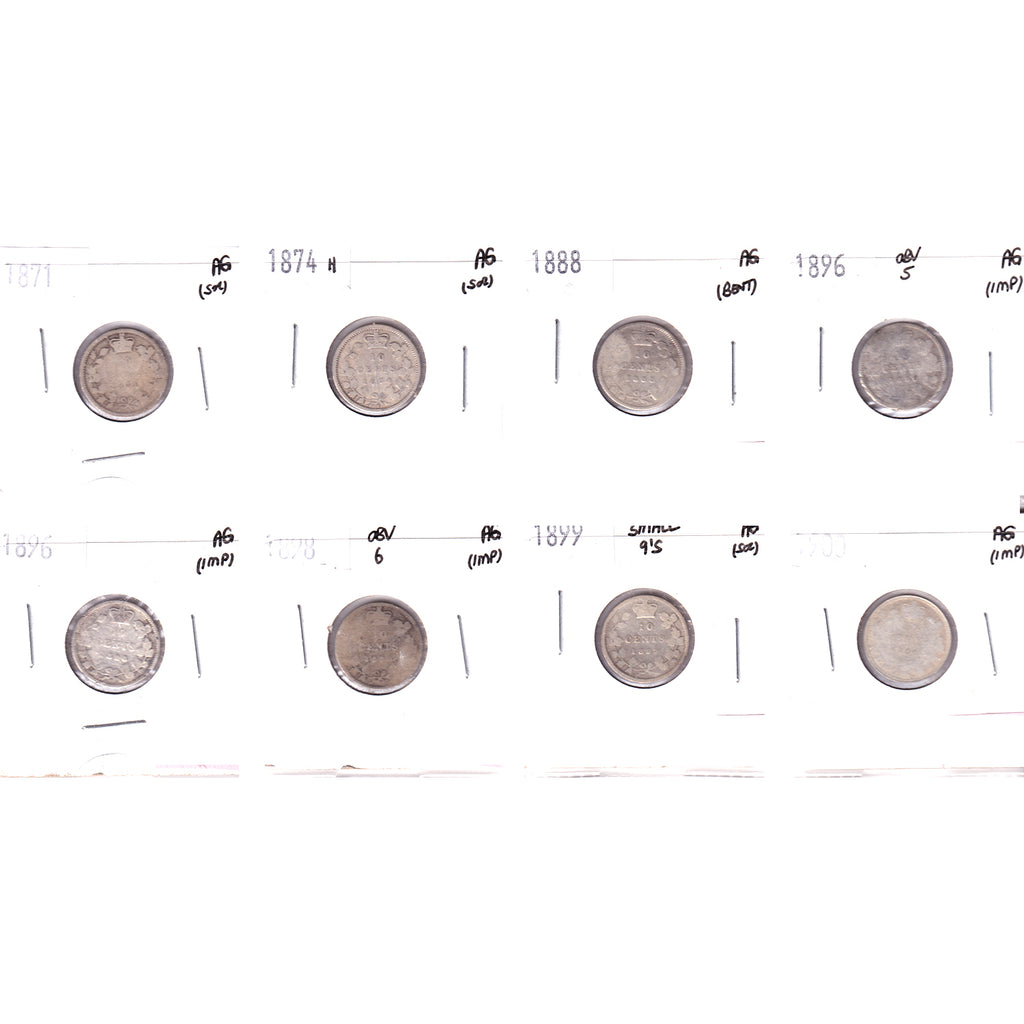Lot of 10x 1871-1900 Canada 10-cents, All AG, 10Pcs. (Impaired)