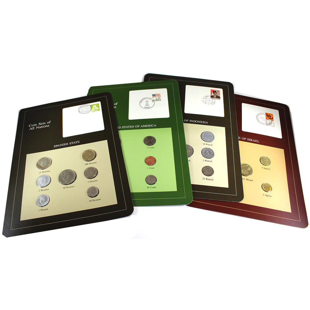 Lot of 4x Coin Sets of All Nations World Coin Sets with Stamps, 4 Sets
