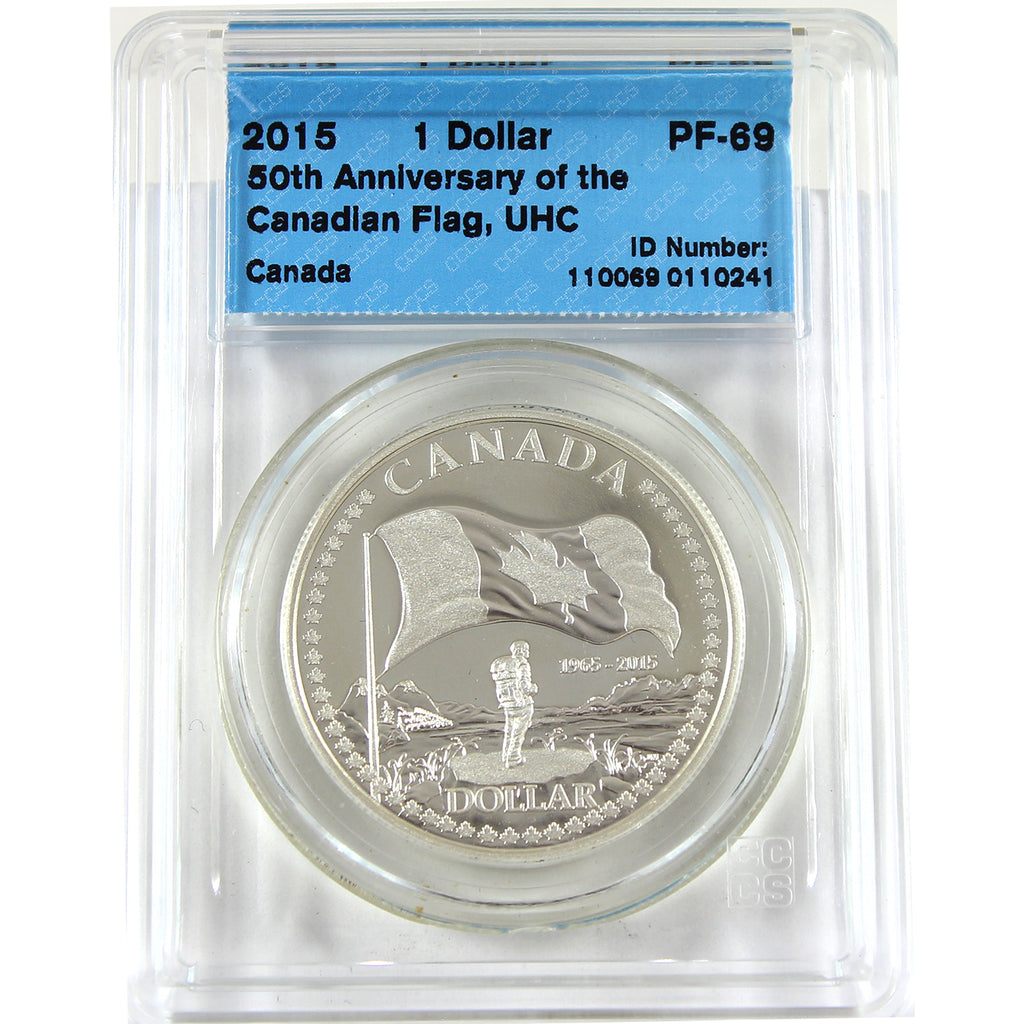 2015 50th Ann. of the Canadian Flag Proof Silver Dollar CCCS Cert. PF69 UHC (No Tax)