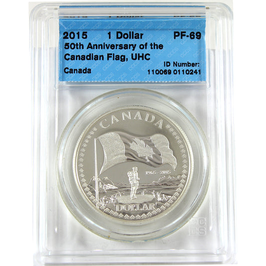 2015 50th Ann. of the Canadian Flag Proof Silver Dollar CCCS Cert. PF69 UHC (No Tax)