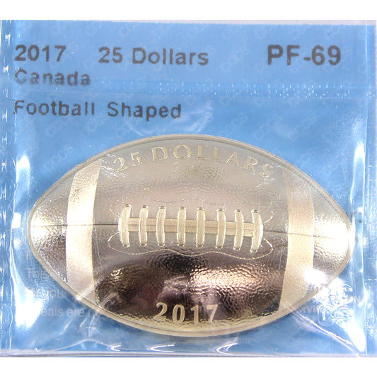 2017 Canada $25 Football Shaped and Curved 1oz. Fine Silver CCCS Cert. PF69 (No Tax)