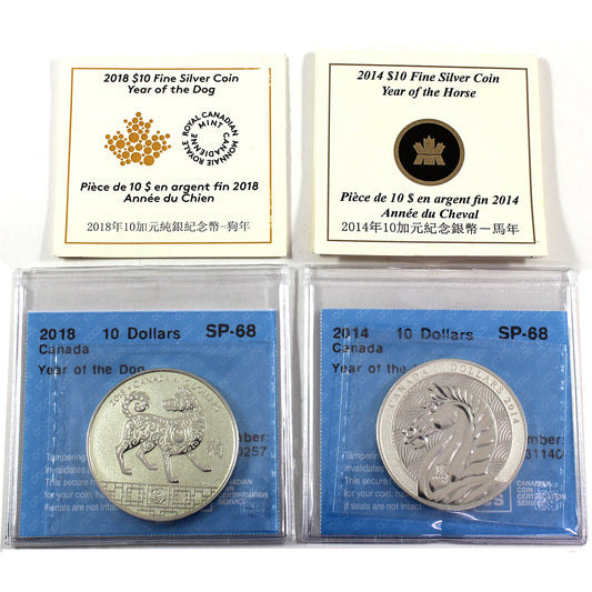 2014 & 2018 Canada $10 Chinese Zodiac Fine Silver Coins CCCS Certified SP68 (No Tax)