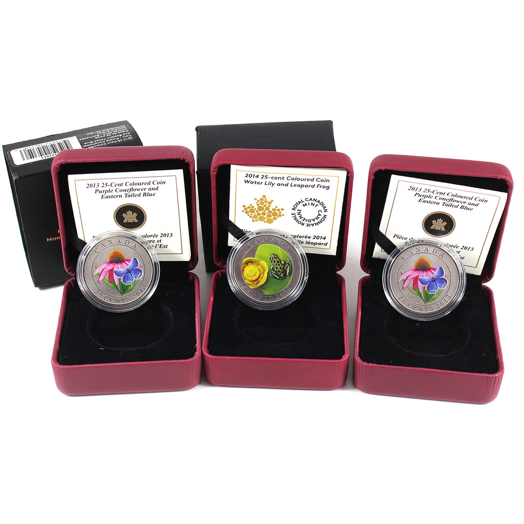 Lot of 3x 2013-2014 Canada 25-cent Flora & Fauna Coins in Cases, 3Pcs. (Impaired)