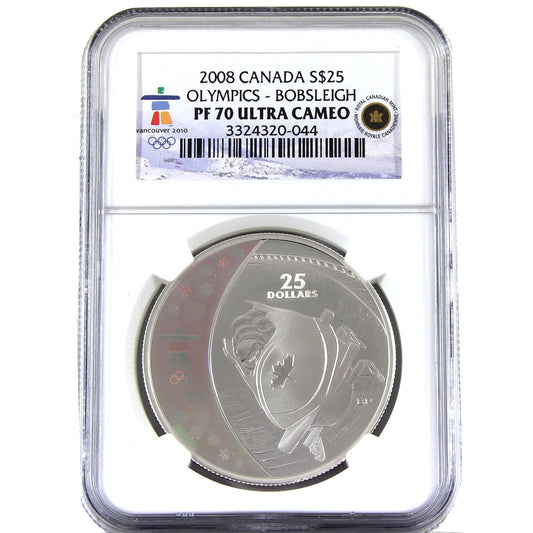 2008 Canada $25 Bobsleigh Olympic Sterling Silver NGC Cert. PF70 UC (Scratched Holder )