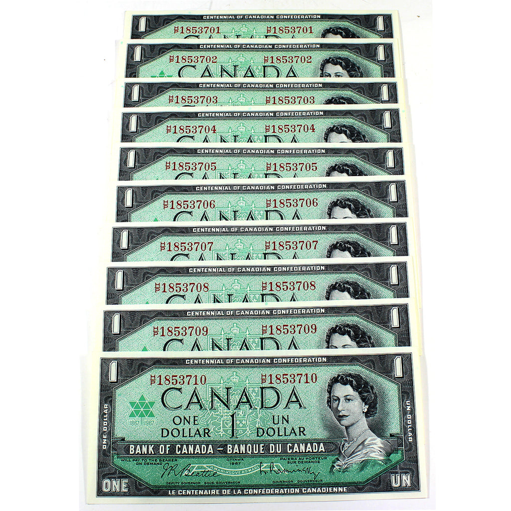 Lot of 10x Sequential 1967 Canada $1 Beattie-Rasminsky, 10Pcs.