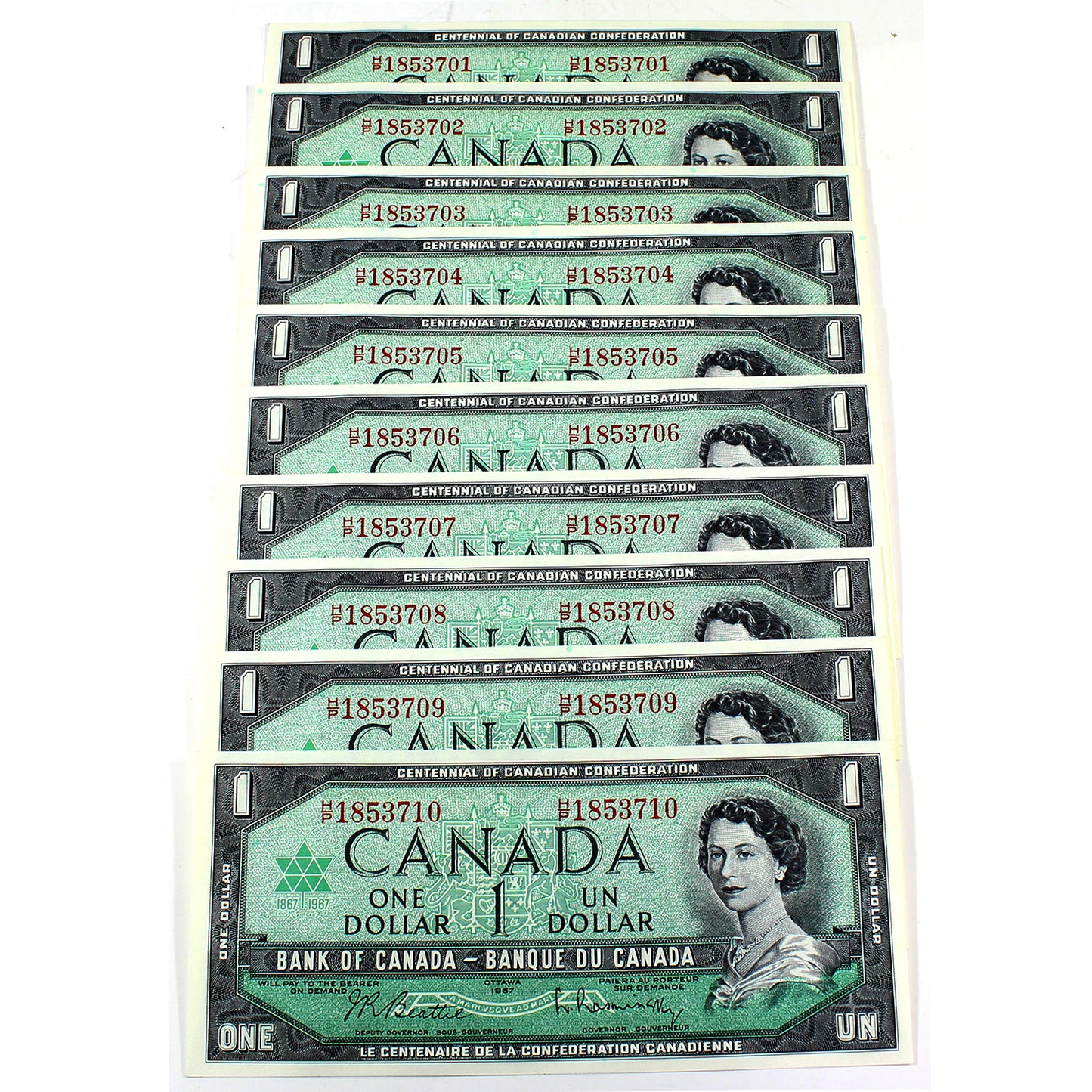 Lot of 10x Sequential 1967 Canada $1 Beattie-Rasminsky, 10Pcs.