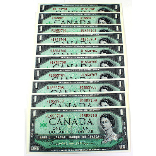 Lot of 10x Sequential 1967 Canada $1 Beattie-Rasminsky, 10Pcs.