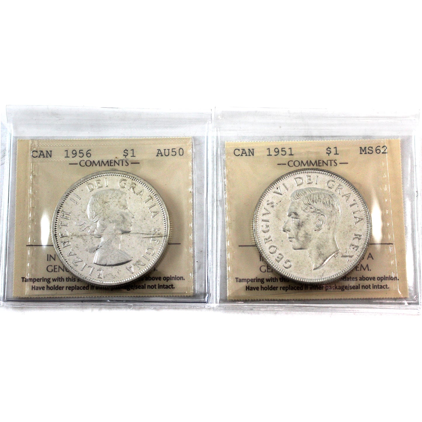 Pair of 1951 & 1956 Canada Dollars, ICCS Certified MS62 & AU50, 2Pcs