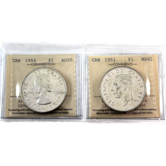 Pair of 1951 & 1956 Canada Dollars, ICCS Certified MS62 & AU50, 2Pcs