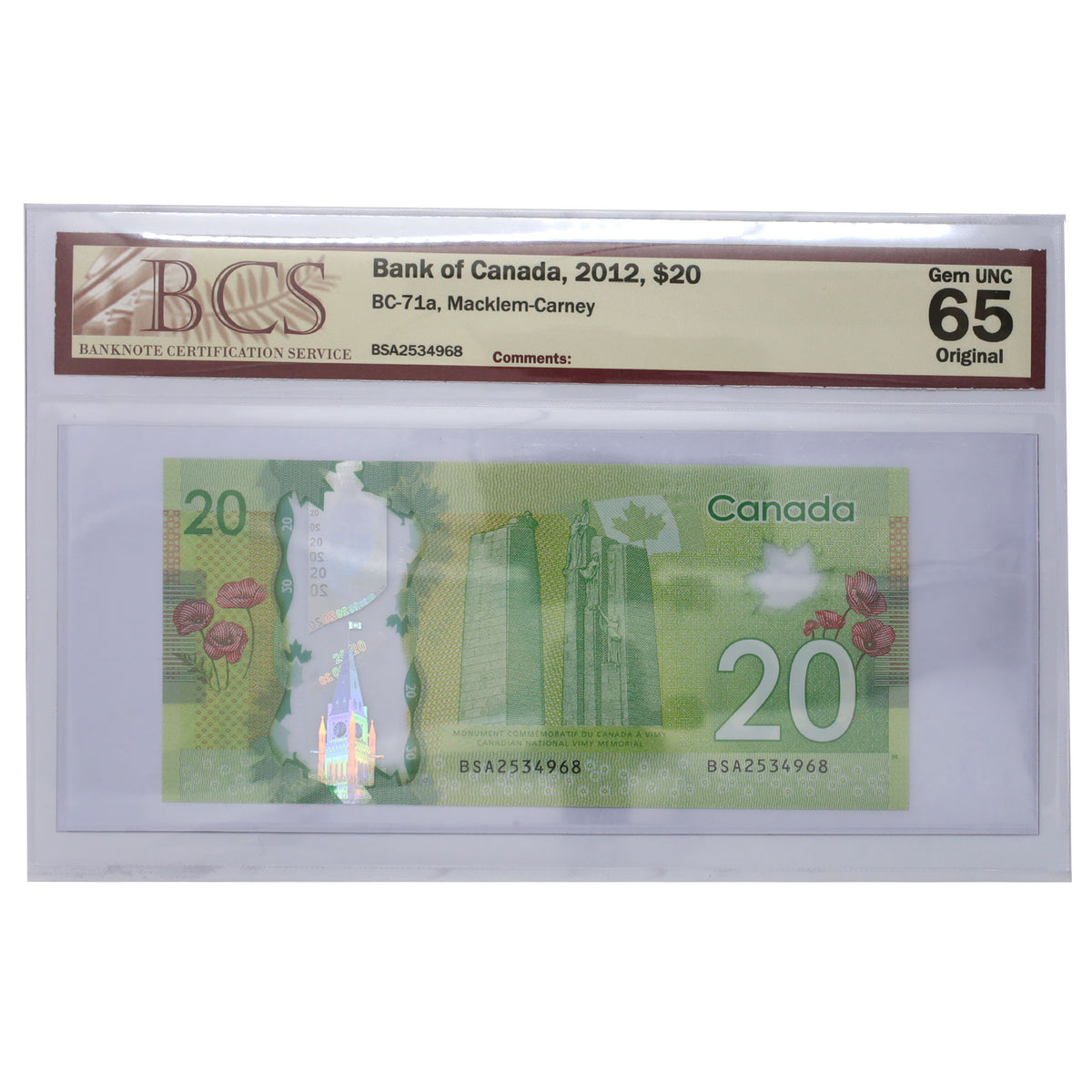 BC-71a 2012 Canada $20 Macklem-Carney, BSA BCS Certified GUNC65 Original