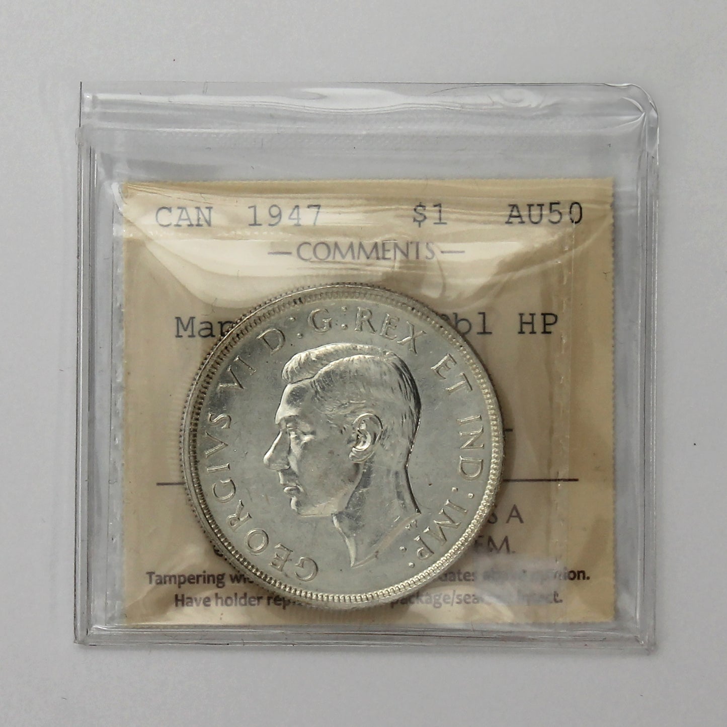 1947 Maple Leaf; Double HP Canada Dollar ICCS Certified AU50