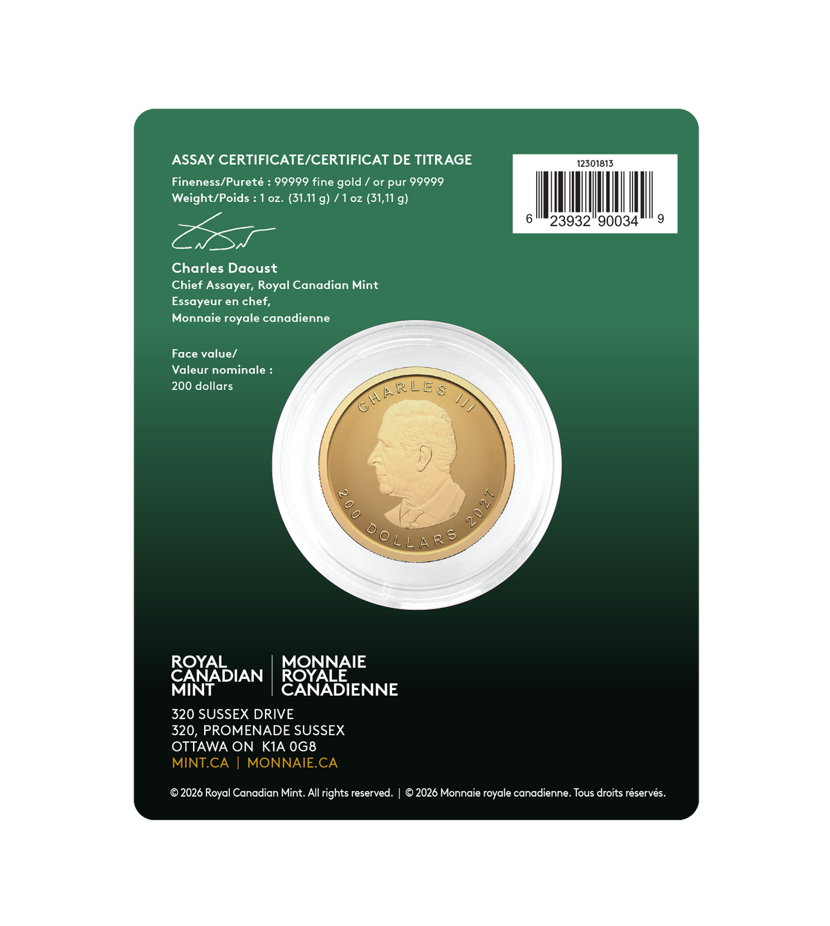 2027 Canada $200 Our Purest Maple Leaf (Premium Bullion) 1oz. Pure Gold Coin (No Tax)