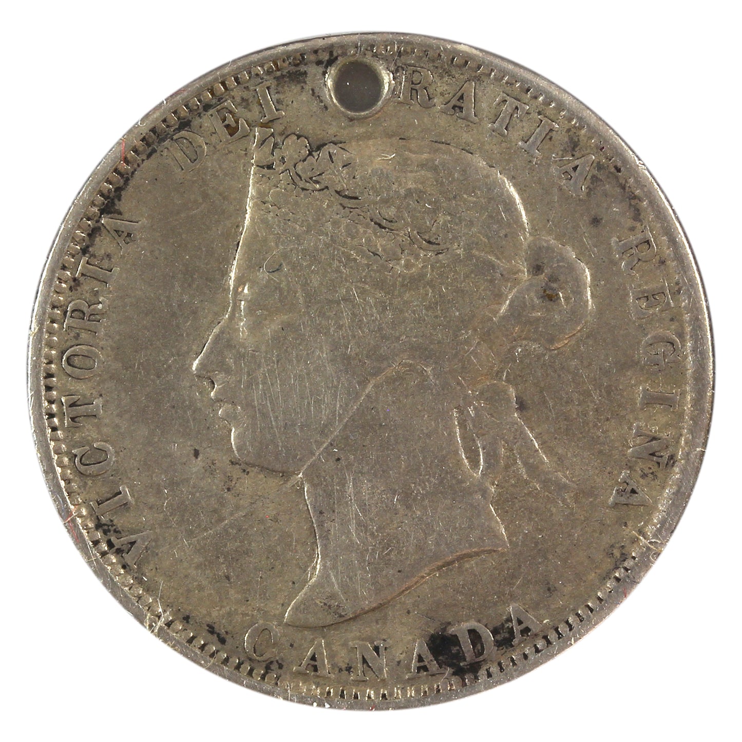 Love Token "DAE" on Victorian Canadian 25-cent (hole)