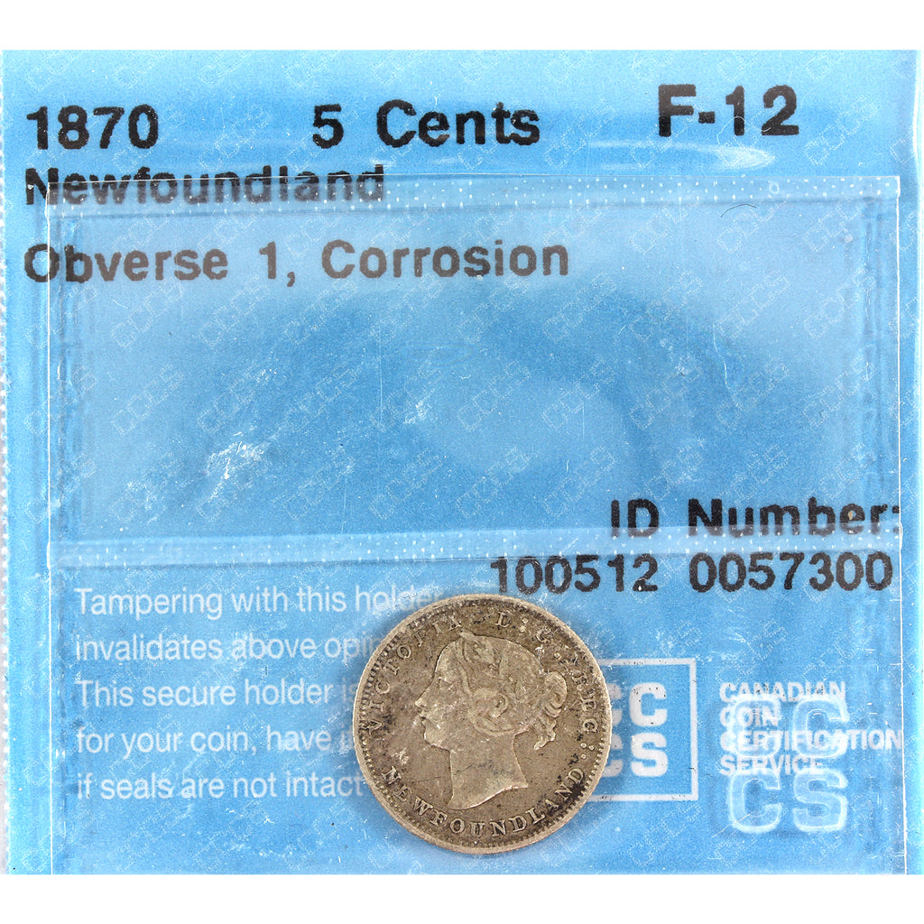 1870 Obv. 1 Newfoundland 5-cents CCS Certified F12 corrosion
