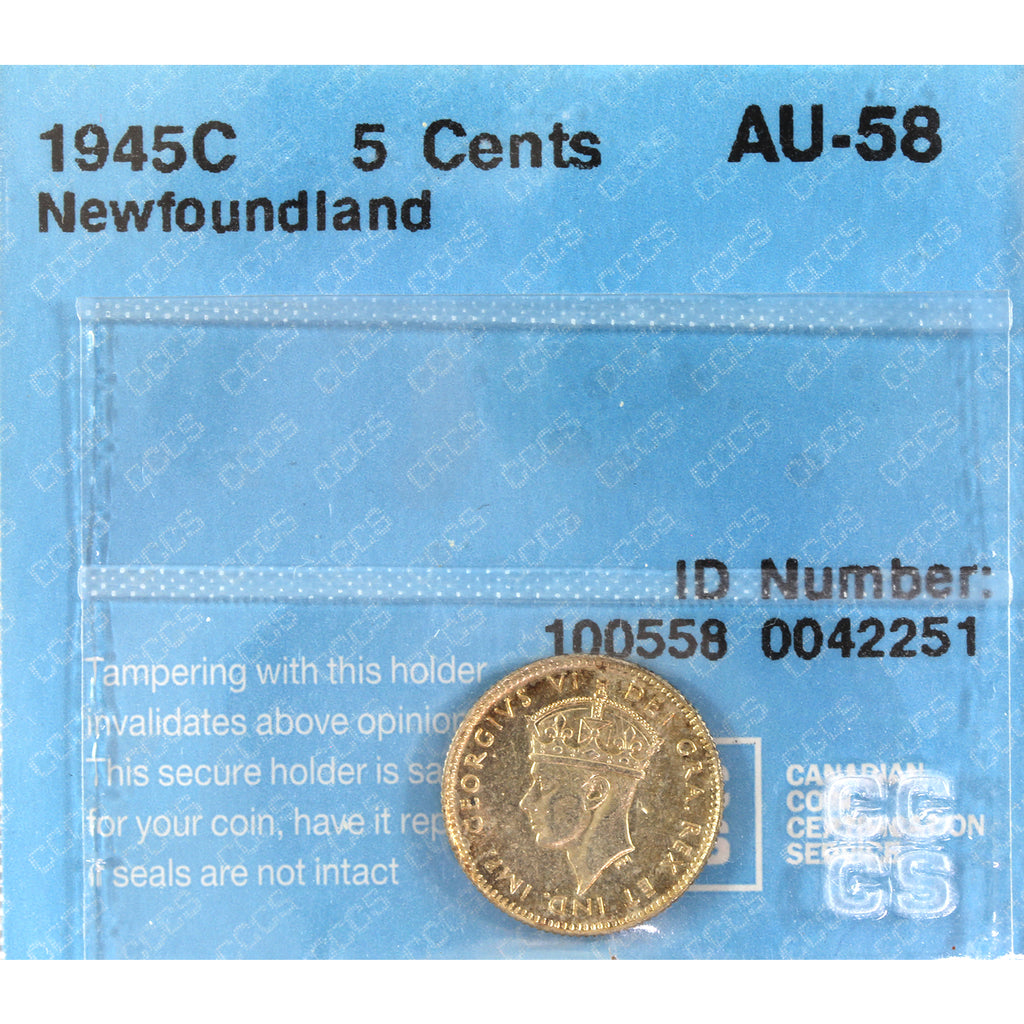 1945C Newfoundland 5-cents CCCS Certified AU58 toned
