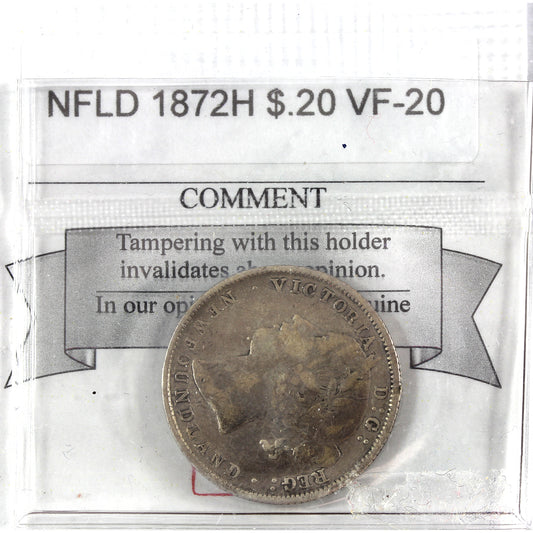 1872H Newfoundland 20-cents Coinmart Certified VF-20