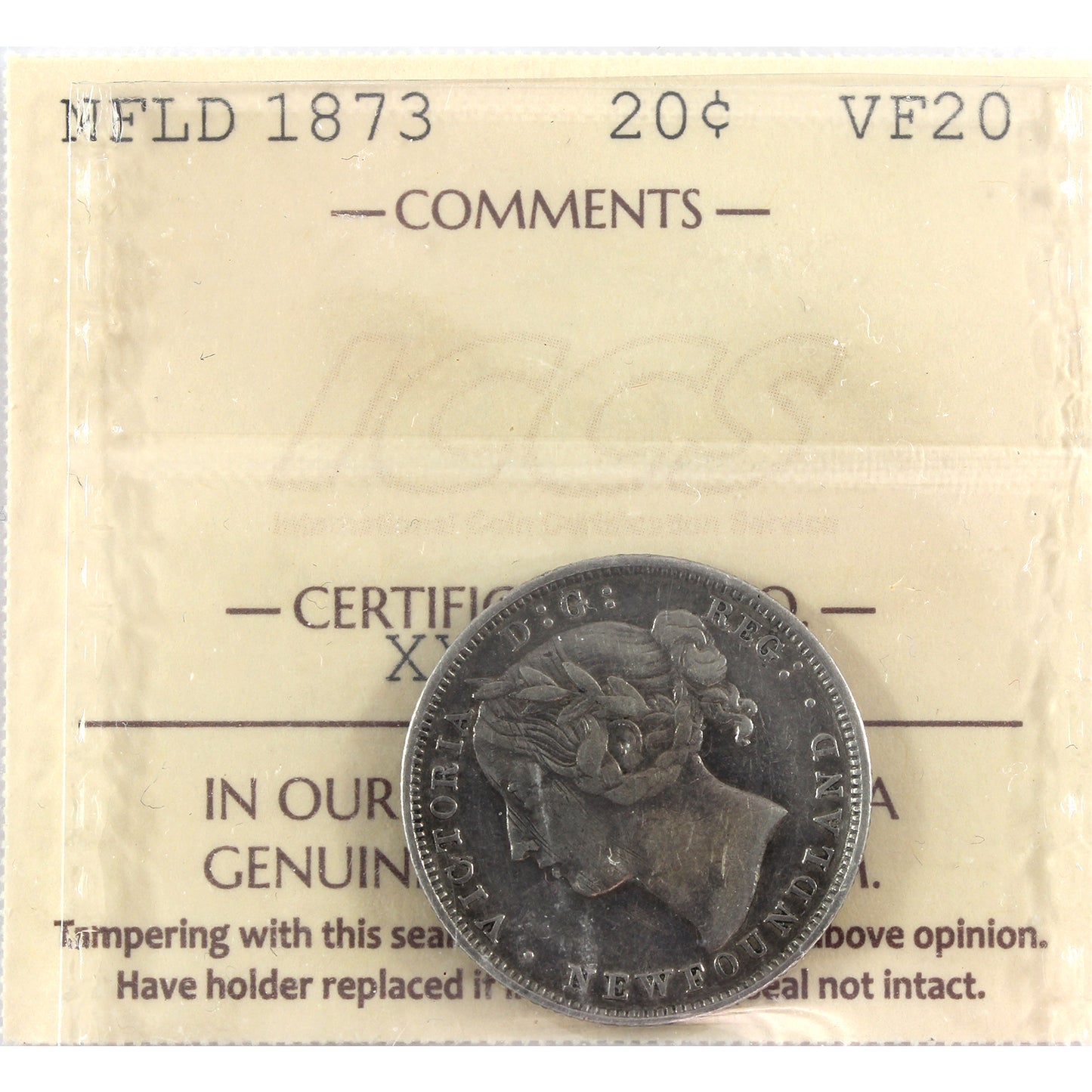1873 Newfoundland 20-cents ICCS Certified VF20 cleaned