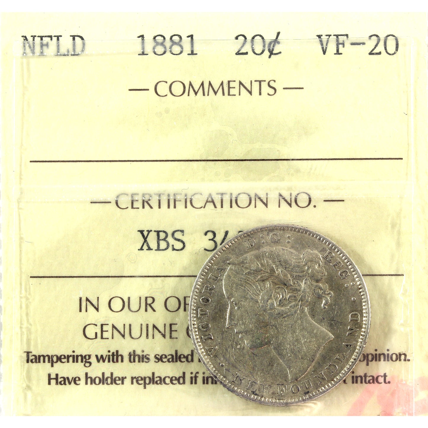 1881 Newfoundland 20-cents ICCS Certified VF20 scratched
