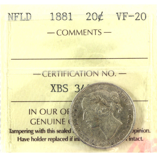 1881 Newfoundland 20-cents ICCS Certified VF20 scratched