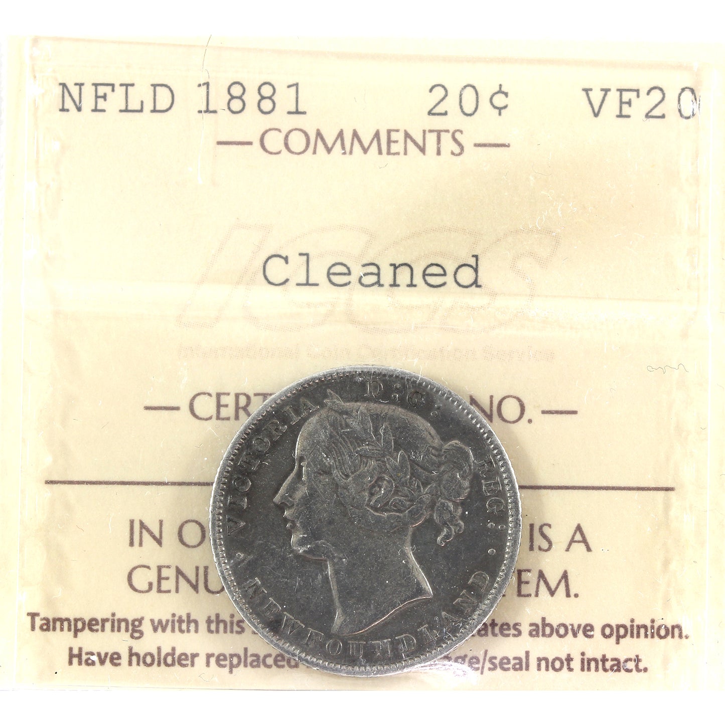 1881 Newfoundland 20-cents ICCS Certified VF20 cleaned