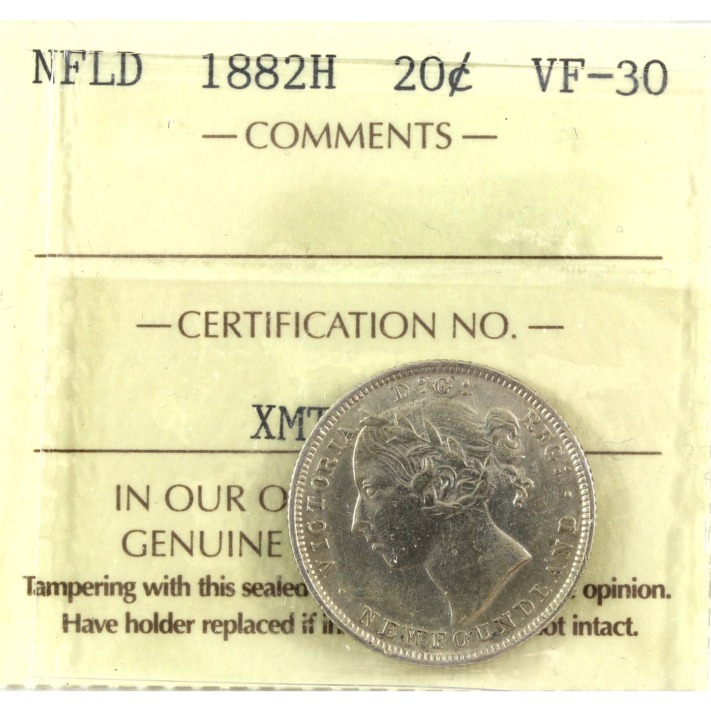 1882H Newfoundland 20-cents ICCS Certified VF30 cleaned