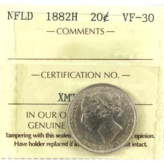 1882H Newfoundland 20-cents ICCS Certified VF30 cleaned